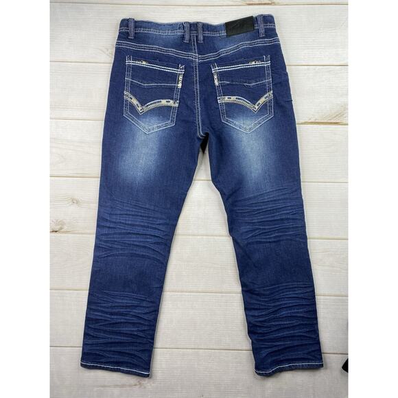 True Luck Jeans Mens 36x30 Blue Denim Dark Wash Straight Leg Distressed Stretch - Picture 9 of 10